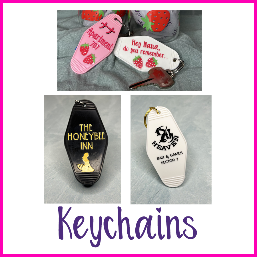Top image with a pink and white keychain, with strawberries and Apartment 707, under it a white keychain with 7th Heaven and black with The Honeybee Inn