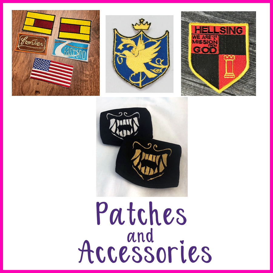 4 photos of patches - James Sunderland from SH2, school patch from Hatoful Boyfriend, Hellsing anime patch and KDA Akali masks