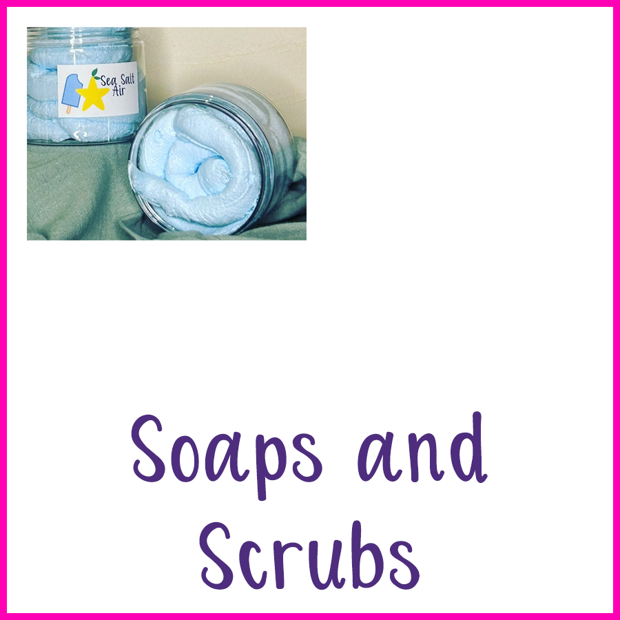 White square with a photo of 2 jars of light blue sugar scrub, with "Soaps and Scrubs" under it in purple