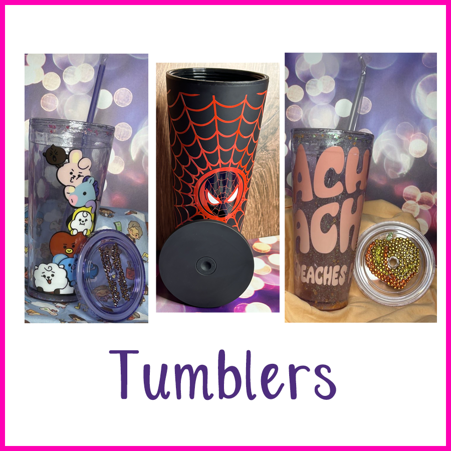Three tumblers. BT21, a black Miles Morales one, and Peaches from the Mario Bros movie