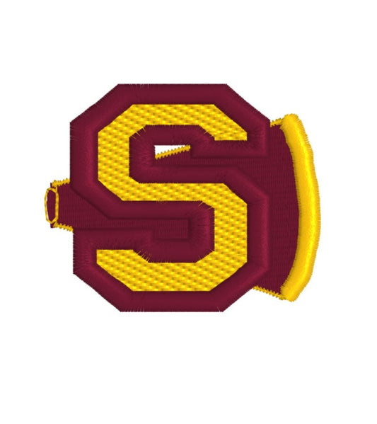 Digital preview of an embroidered patch. A maroon megaphone with a golden yellow rim around the wider end and trim, with a Varsity Letter style "S" in front of it, in golden yellow with maroon trim