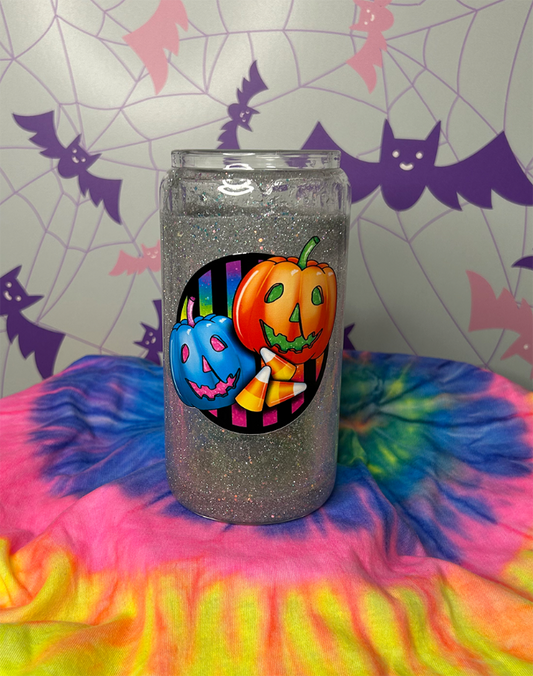 16oz Glitter Globe Glass Can Tumbler, Jack O Lantern and Candy Corn